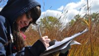 a person writing ecological monitoring observations on a clipboard outside at Beaubien Woods as part of the Calumet Is My Back Yard Program.