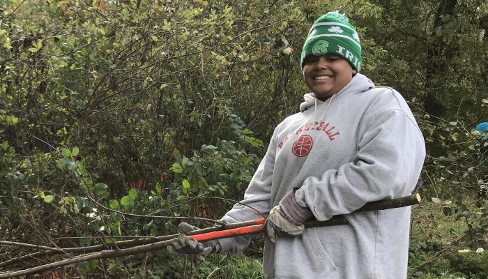 a person taking buckthorn to the fire at a Bemis Woods volunteer workday