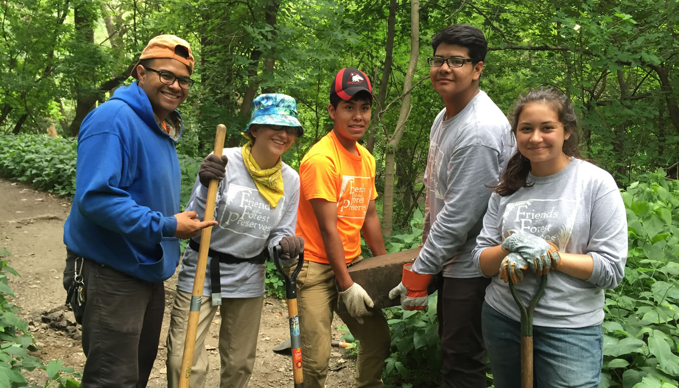 A group from the Chicago Conservation Leadership Corps doing restoration work