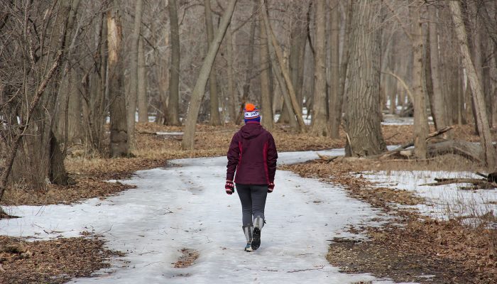 a person walking on the Des Plaines Trail in winter