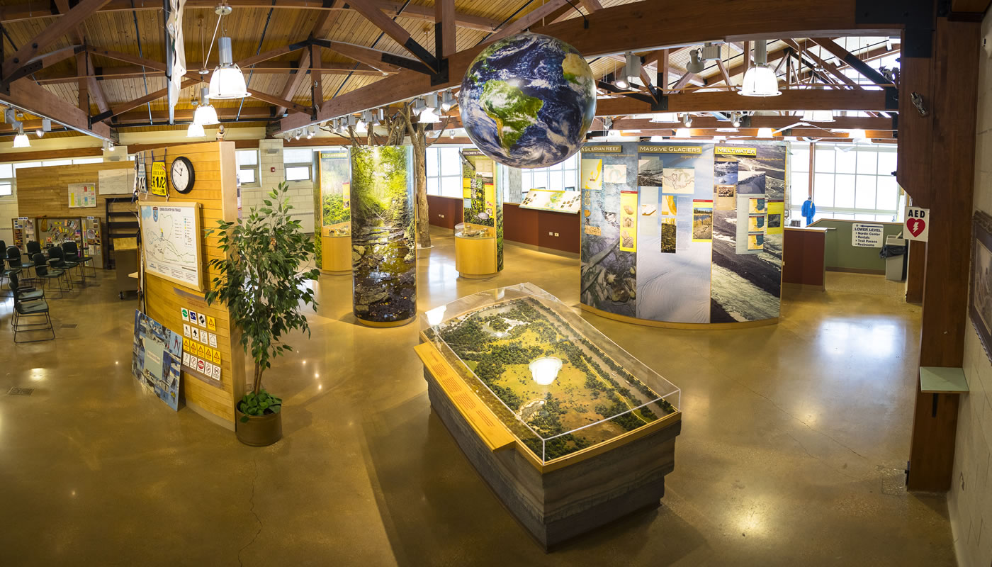 the interior of visitor center at Sagawau Environmental Learning Center