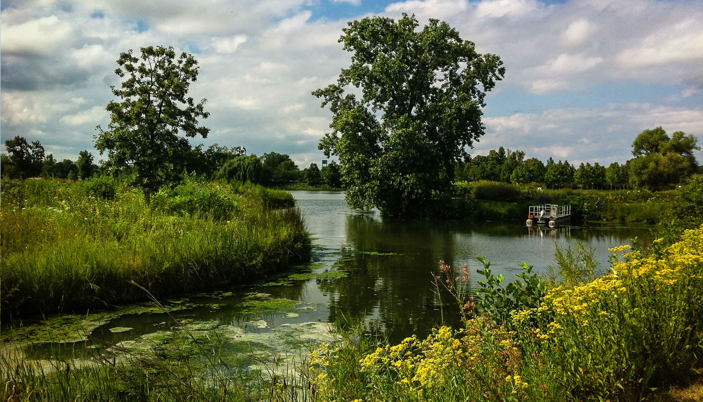 A lagoon with a boat at Skokie Lagoons. Photo by chmoss.