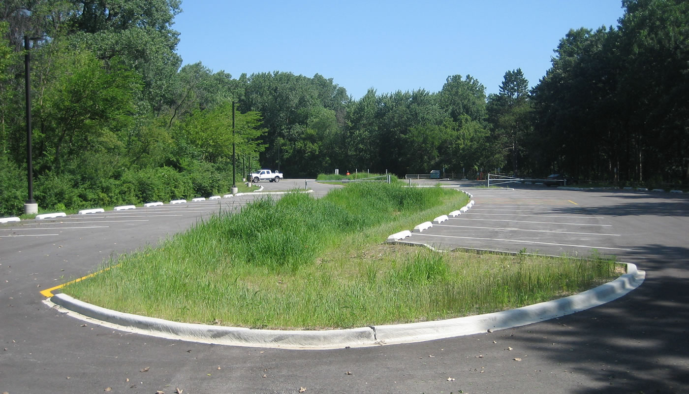 A bioretention island in the parking lot at Sand Ridge Nature Center