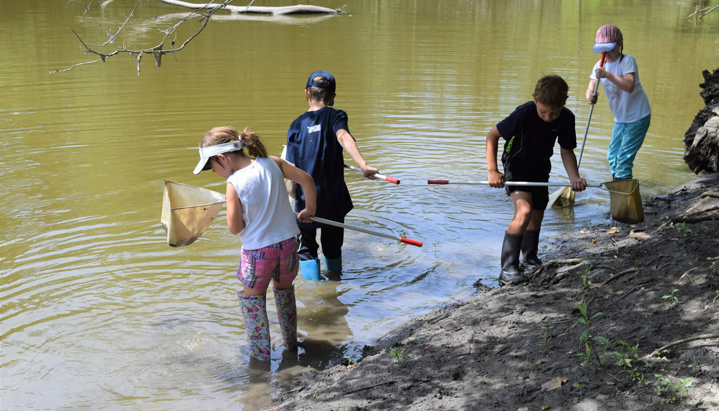 children using dip nets in Thatcher Pond