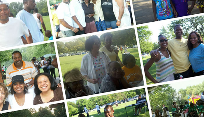collage of photos of members of the Bell, Jones and Brown families at picnics in Dan Ryan Woods