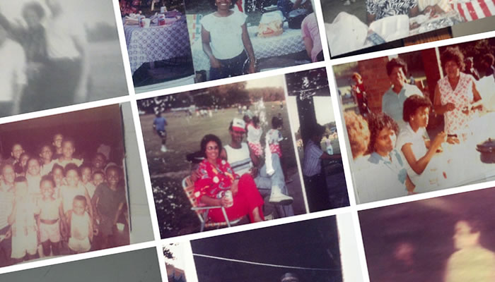 collage of photos of members of the Bell, Jones and Brown families at picnics in Dan Ryan Woods