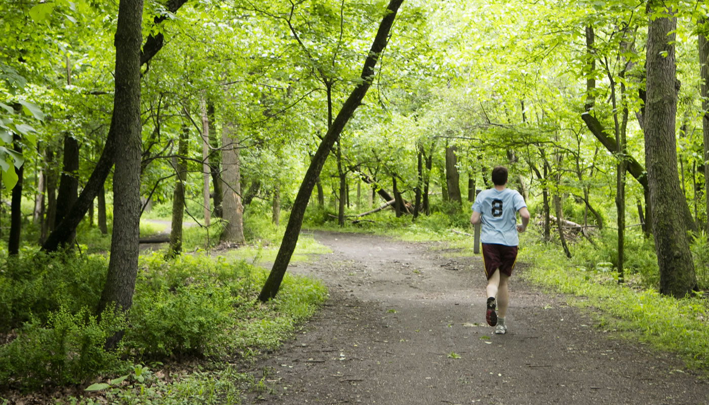 A person jogging on the Des Plaines Trail.