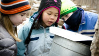 Children looking into a sap bucket at River Trail Nature Center's Maple Syrup Festival.