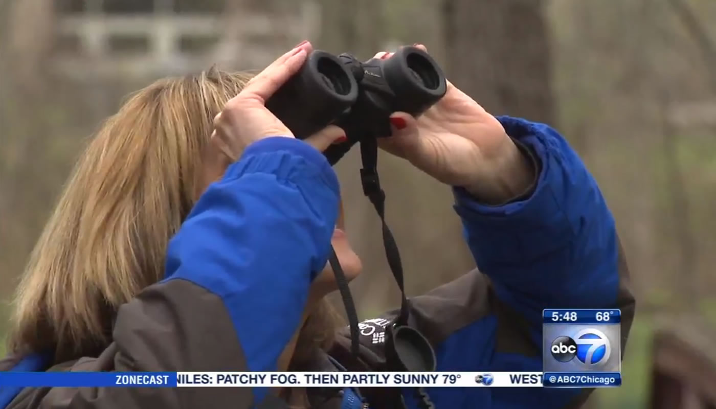 screenshot of television broadcast, Roz Varon looking through binoculars