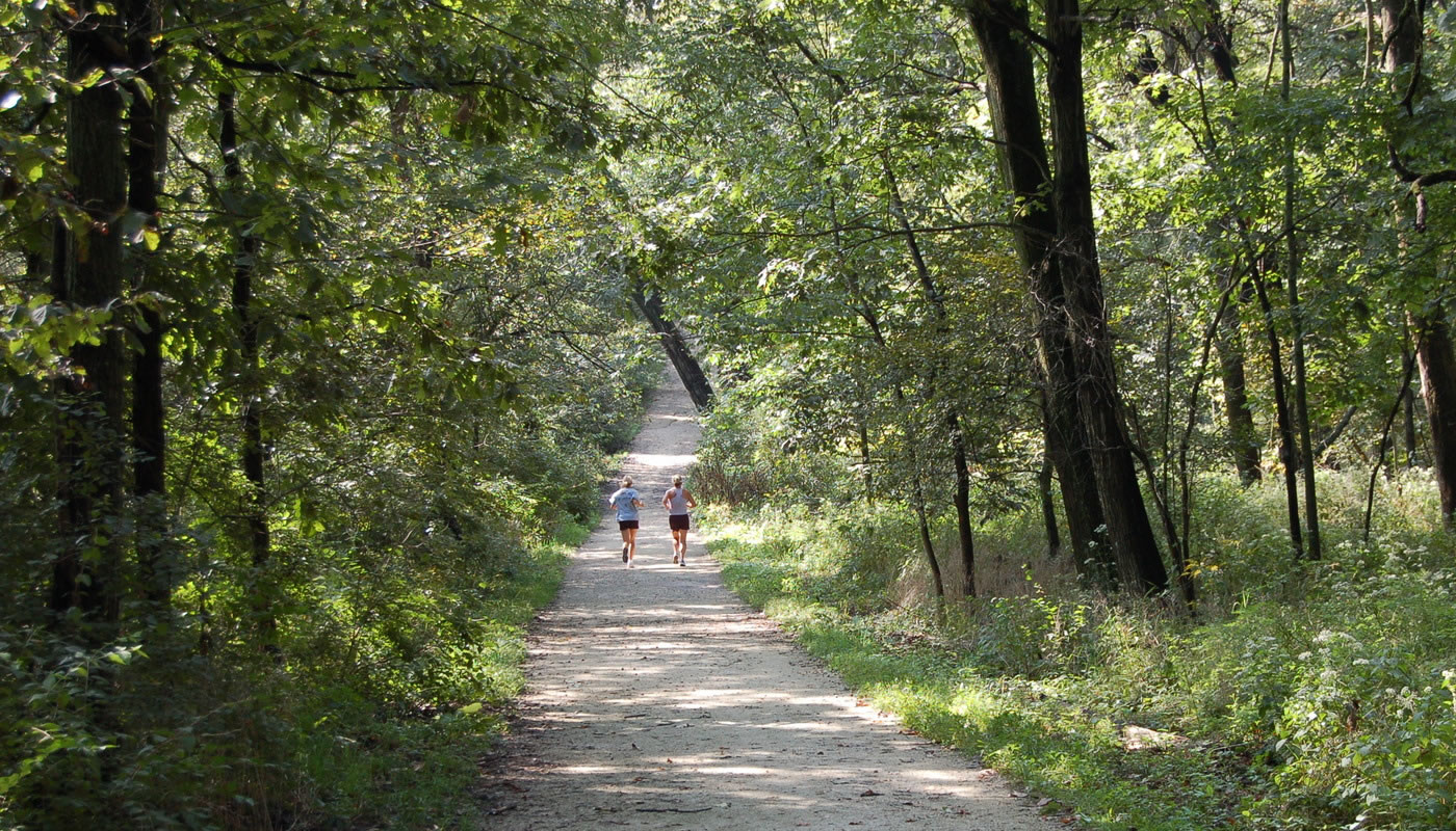two runners on the Sag Valley Trail at Swallow Cliff Woods