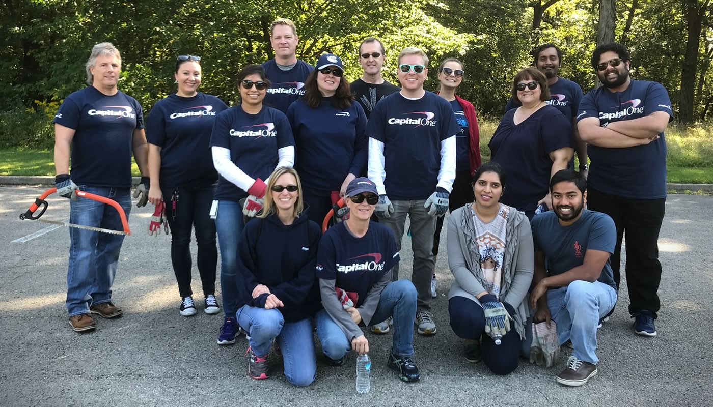 a corporate group volunteering at Busse Woods