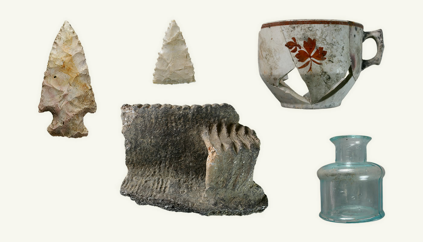 archaeological artifacts, including arrowheads, ceramics and historic bottles