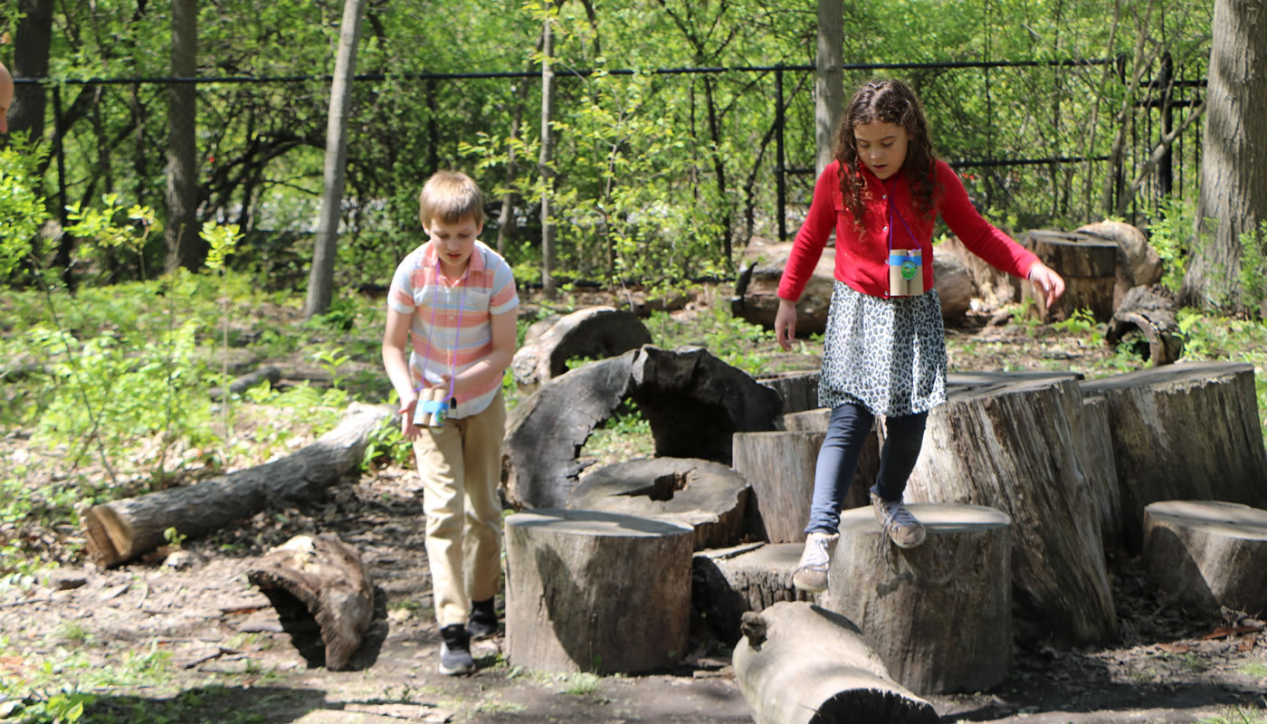 two children playing on logs at Trailside Museum of Natural History