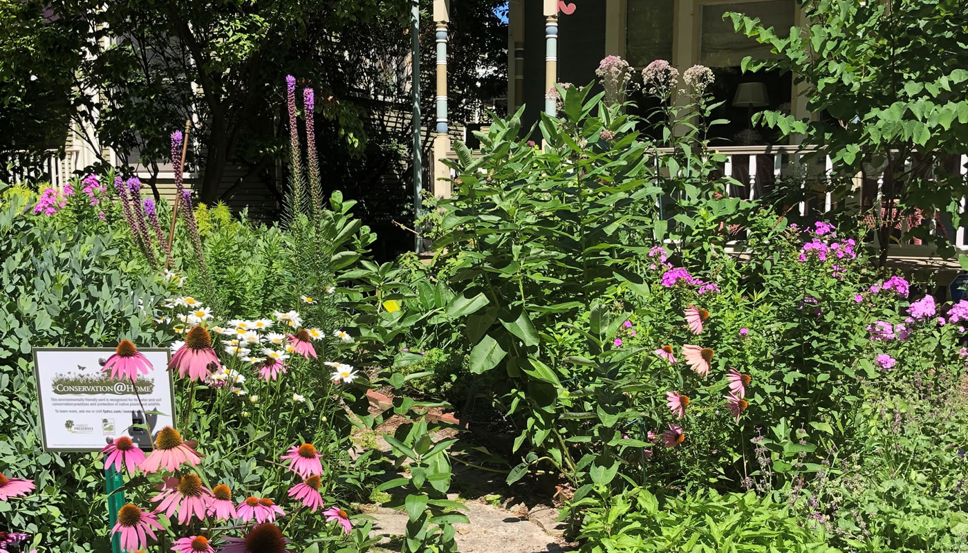 a garden with a Conservation@Home sign