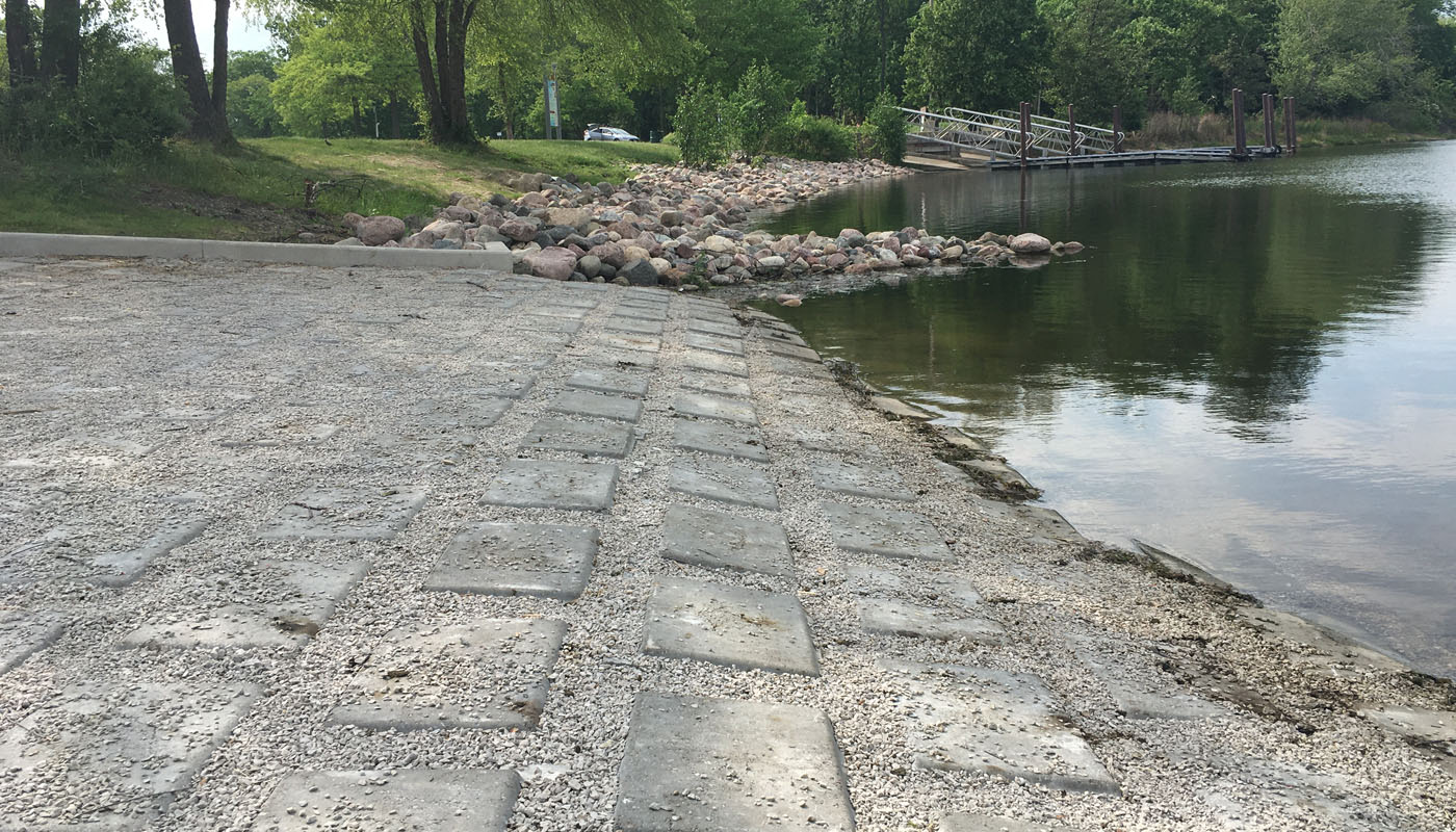 the Busse Woods accessible canoe landing with firm surface formed by interlocking pavers