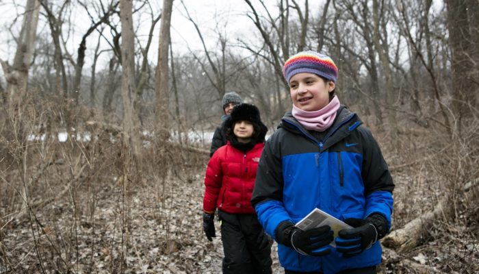 Three people walk in the woods during winter.