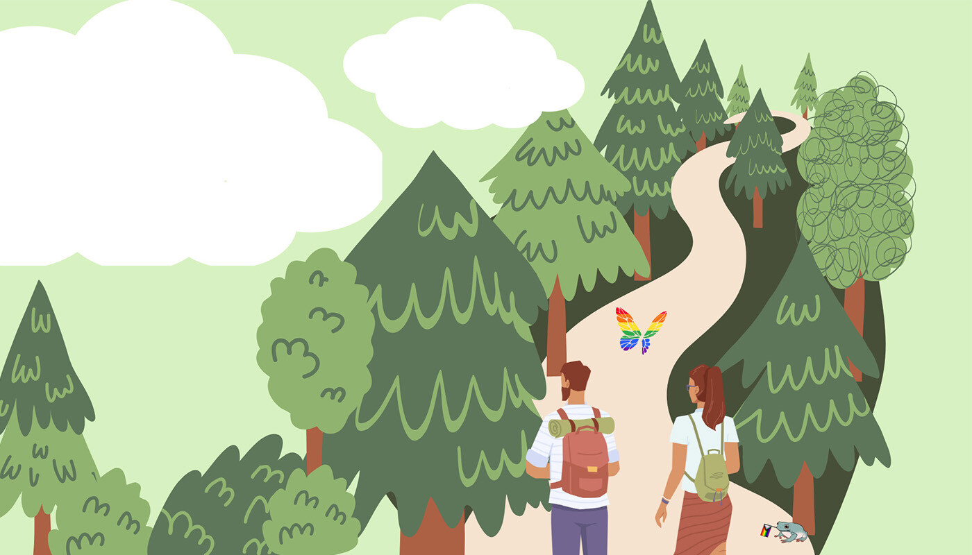 Illustration of people walking on a hiking trail.