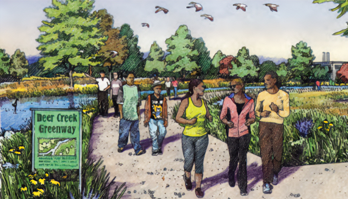 A rendering of the Deer Creek Greenway with a group of people walking along a forested trail.