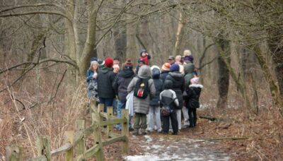 A group of people walking through a forest in winter.
