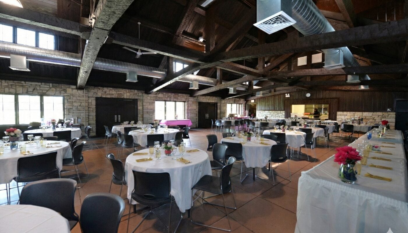 The interior of a large indoor pavilion building.