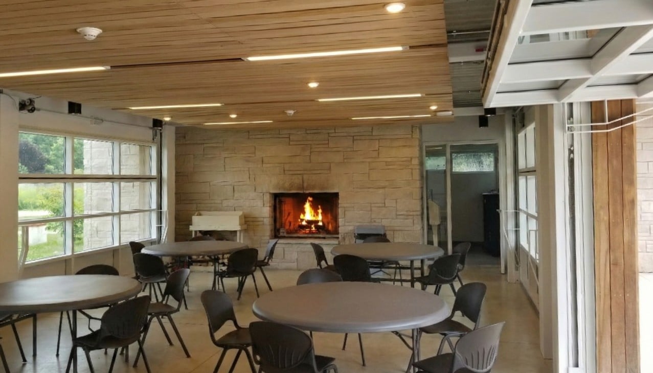 The interior of an indoor pavilion.