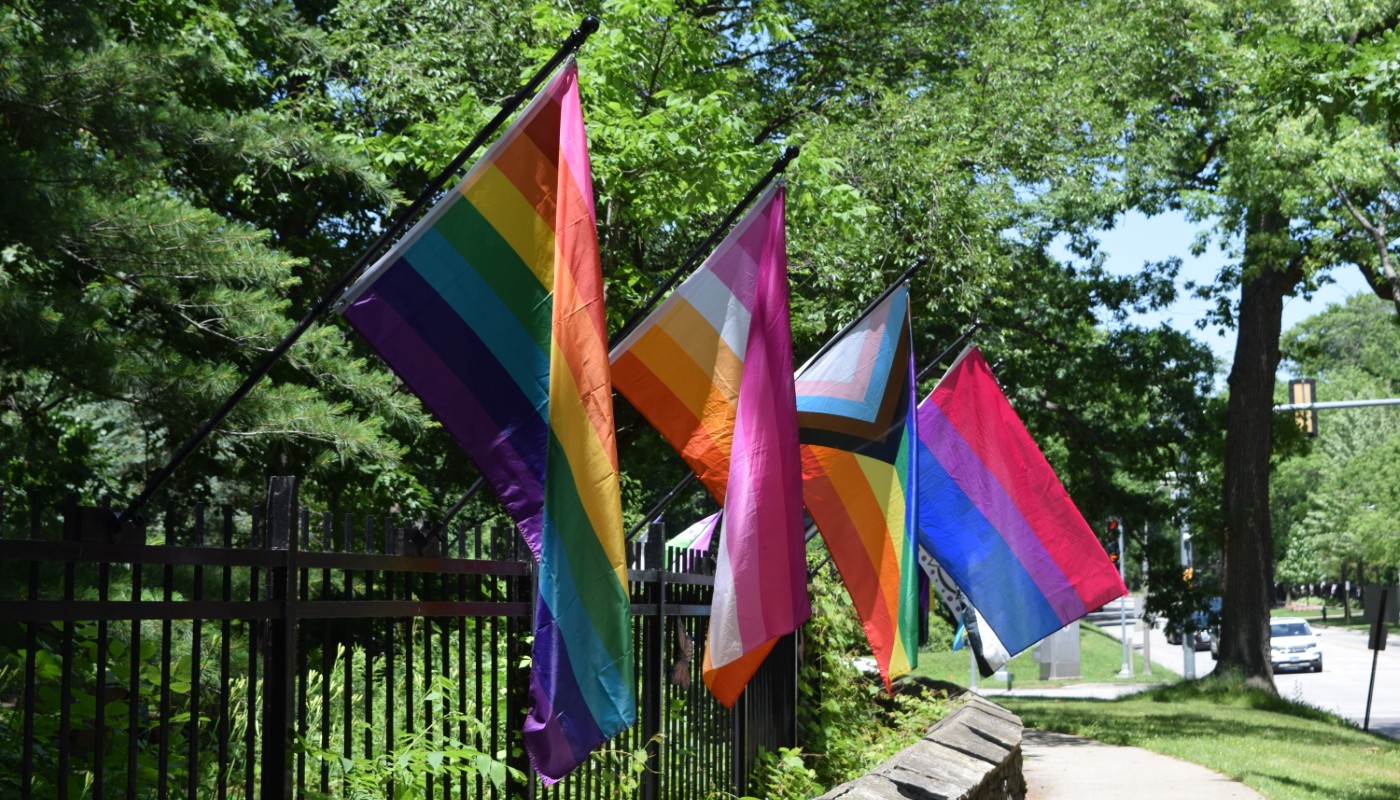 A series of flags lined along a forested pathway.