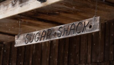 Signage hanging from a building.