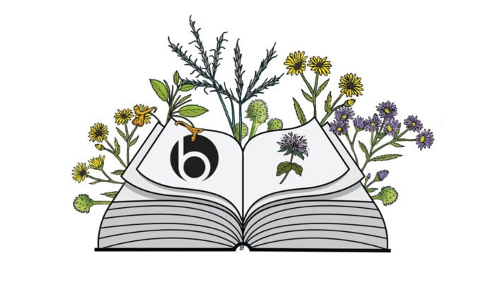 A graphic showcasing a book illustration with flowers.