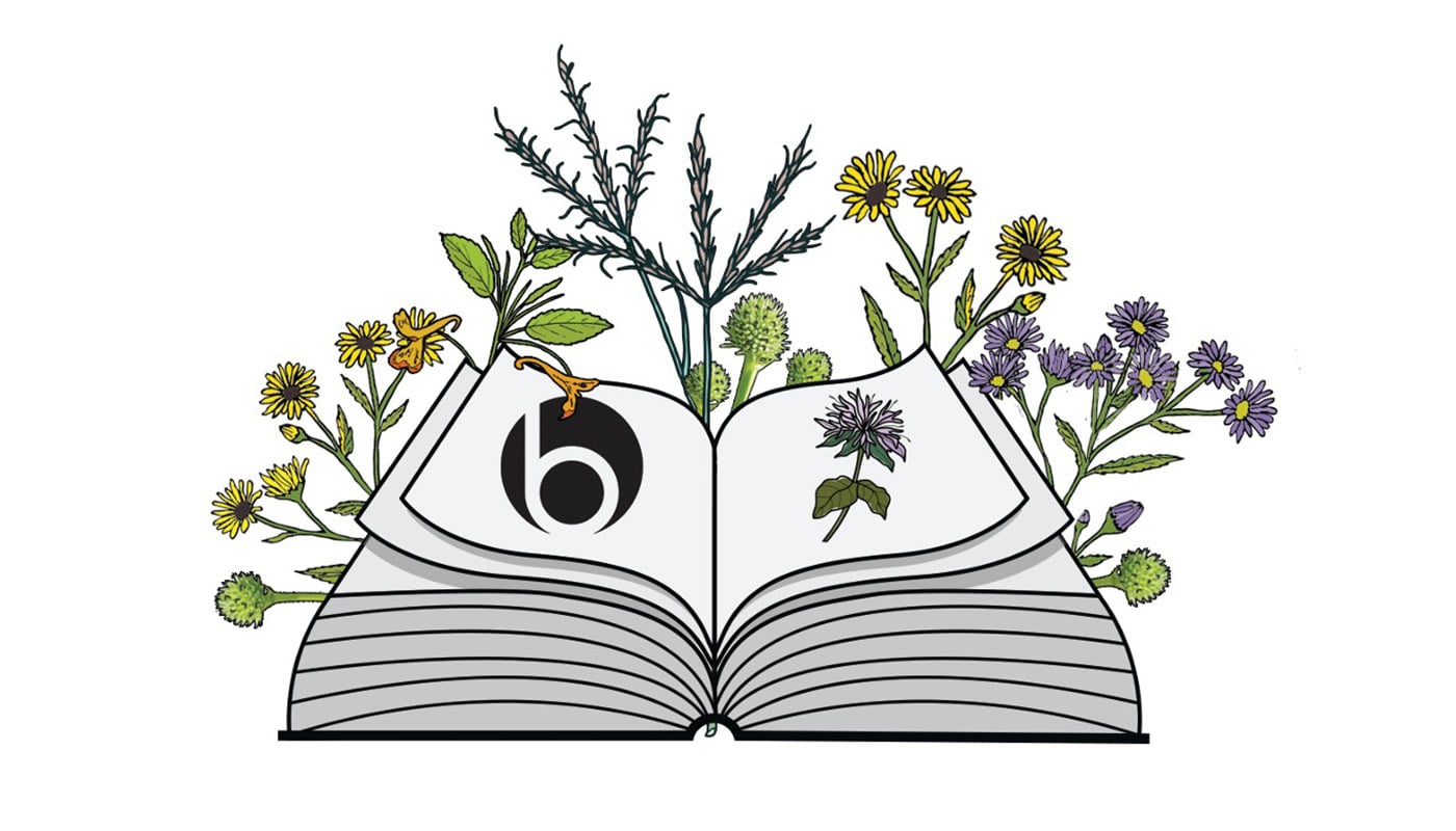 A graphic showcasing a book illustration with flowers.