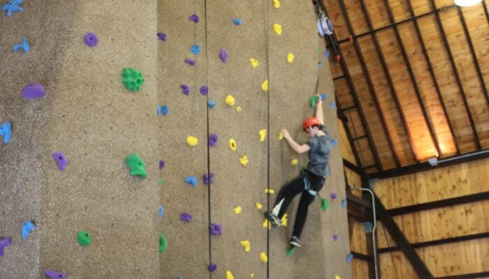 A person interacting with an indoor rock climbing wall.